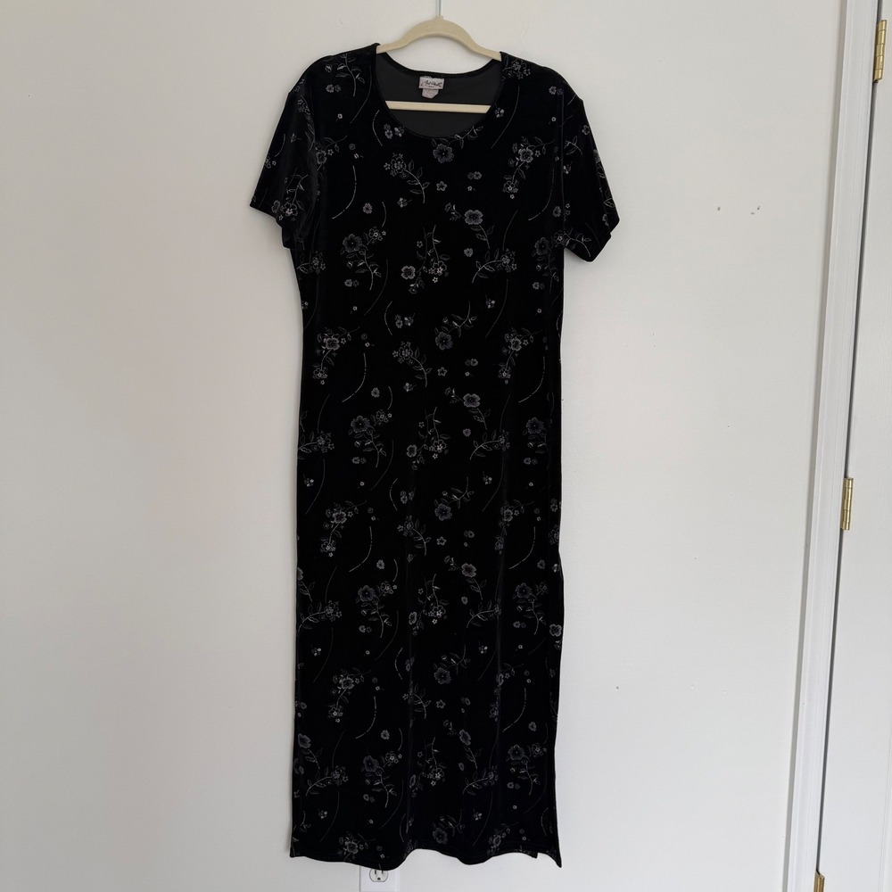 Vintage Black Velour Velvet Floral Maxi Dress‎ XL Asian Whimsigoth Evening Party